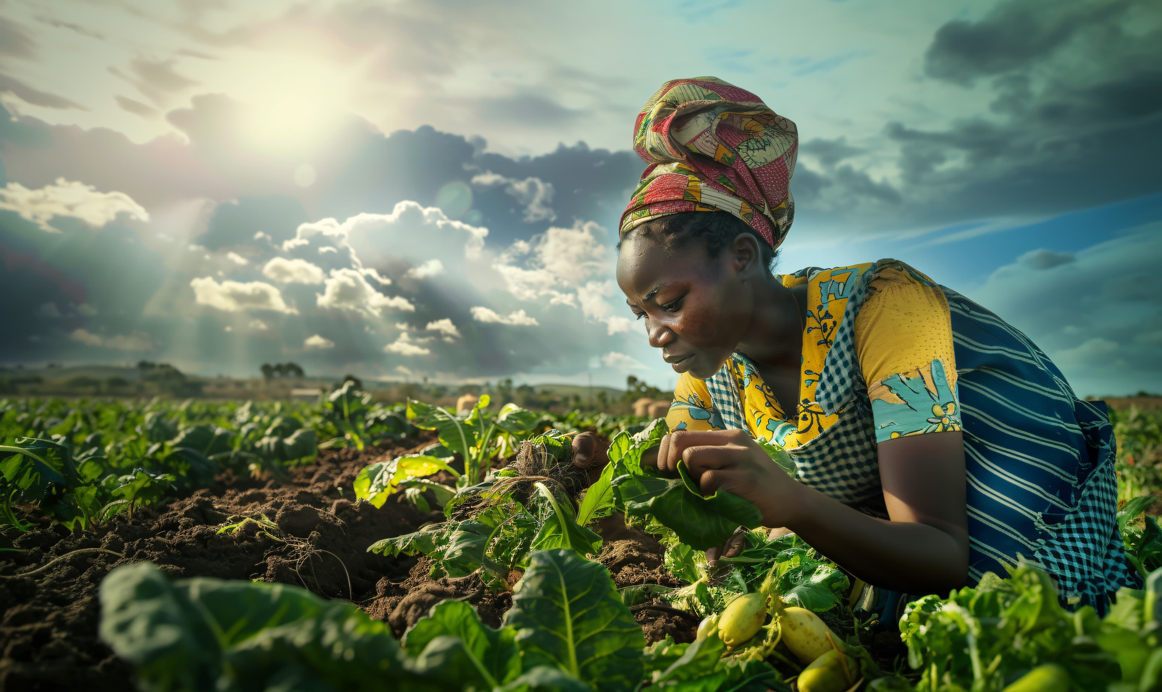 Champ agricole avec des cultures vertes luxuriantes sous un ciel bleu.
